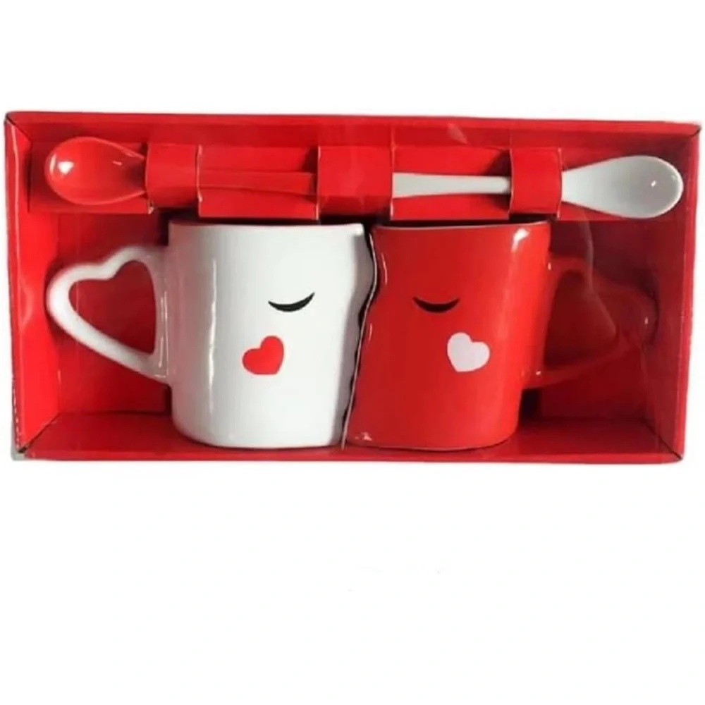 THE FASHION Set of 2 Creative Coffee Cups Double Bowl Ceramic Kiss Couple Cups